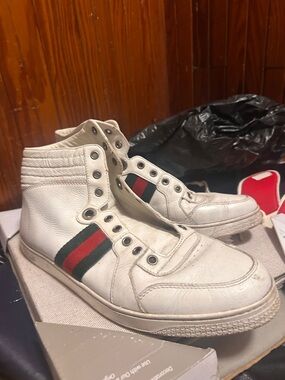 Gucci White Leather High-Top Sneakers with Red and Green Web